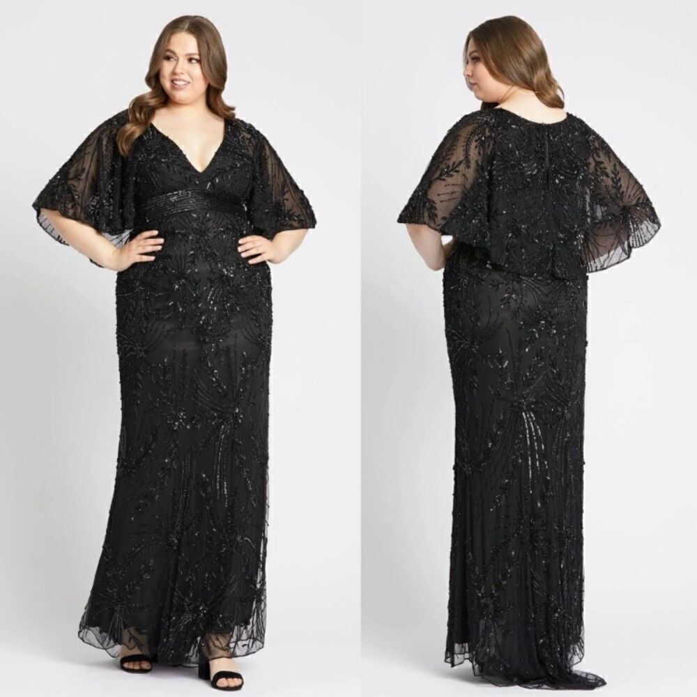 Mac Duggal Flounce Cape Sleeve beaded gown size 16 5335 black